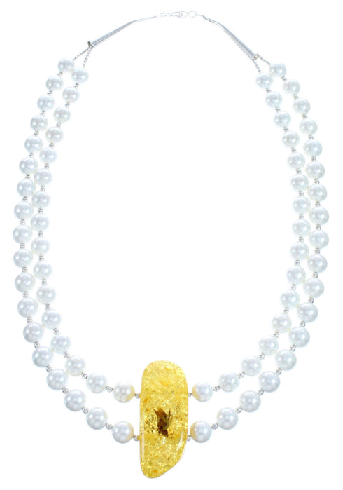 Sterling Silver Mother Of Pearl and Amber Bead Necklace KX121133